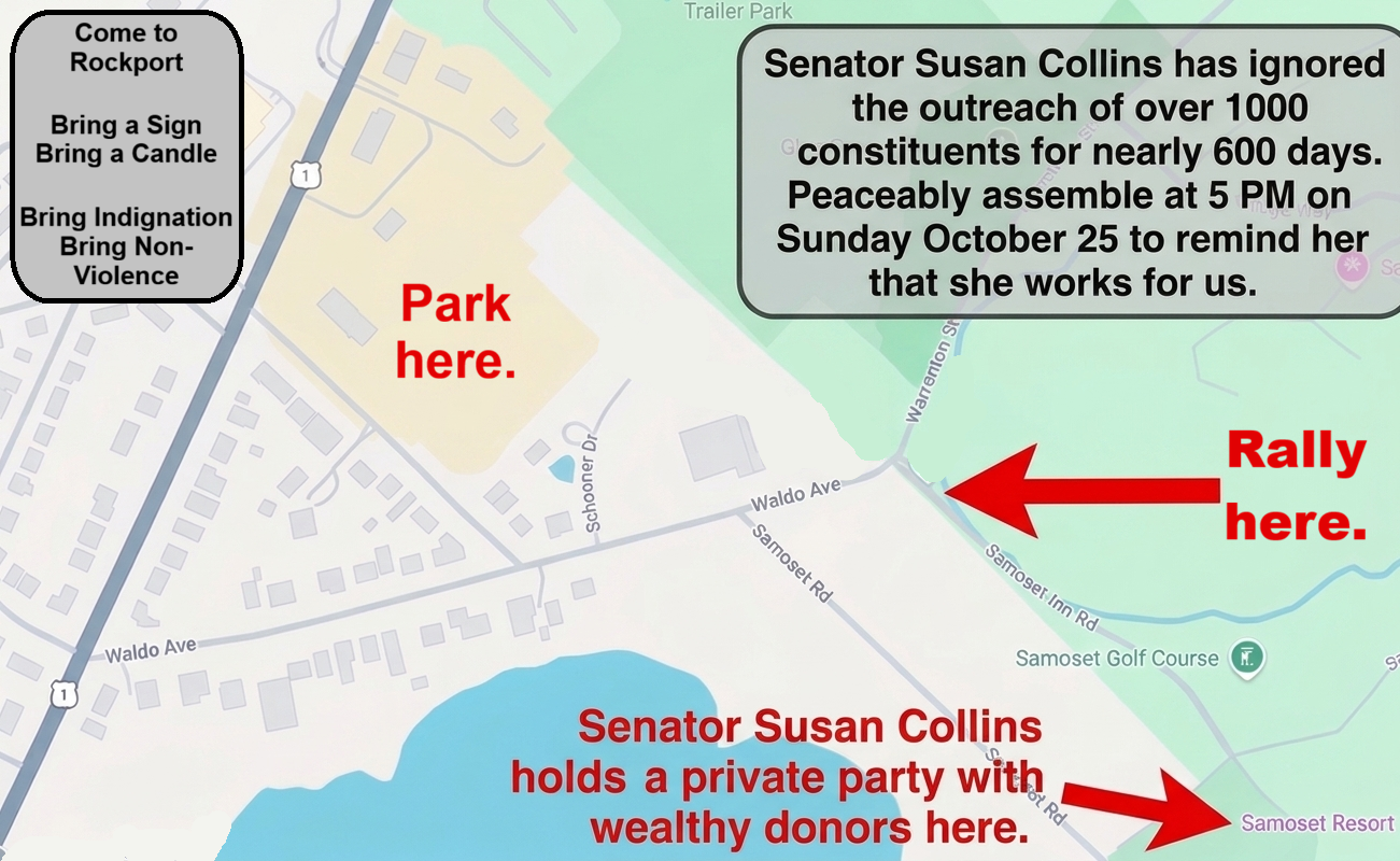 5 PM Sunday October 25: Peaceably Assemble in Rockport to Remind Senator Collins she works for us